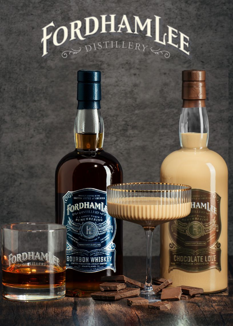 A Promotional Image For Fordham Lee Distillery Featuring A Bottle Of Bourbon Whiskey And Chocolate Love Cream Liqueur, Accompanied By A Neat Pour Of Bourbon, A Creamy Cocktail, And Dark Chocolate Pieces. The Fordham Lee Logo Is Displayed In The Background.