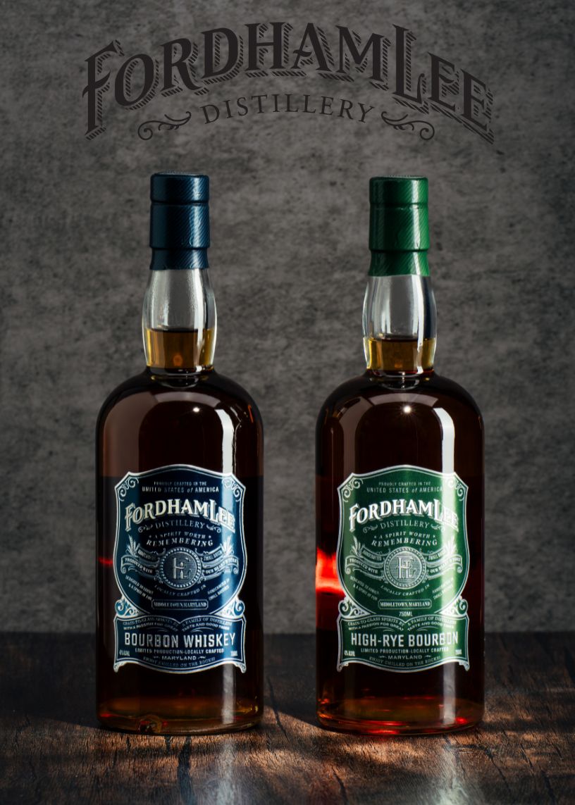 Fordham Lee Distillery’s Premium Bourbon Whiskey And High-rye Bourbon Displayed Against A Dark Textured Background, Featuring Elegant Labels And Branding.