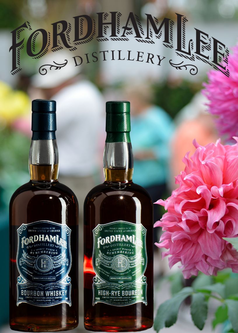 Fordham Lee Distillery’s Bourbon Whiskey And High-Rye Bourbon Displayed At The Howard County Spring Craft Show, With A Vibrant Floral Backdrop And A Lively Outdoor Setting. The Fordham Lee Logo Is Prominently Featured, Emphasizing The Handcrafted Quality Of The Spirits.