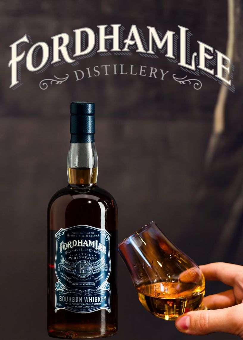 A Bottle Of Fordham Lee Bourbon Whiskey With A Hand Holding A Glencairn Glass Filled With Golden Bourbon. The Fordham Lee Distillery Logo Is Displayed In The Background, Emphasizing The Premium Quality Of The Handcrafted Whiskey.