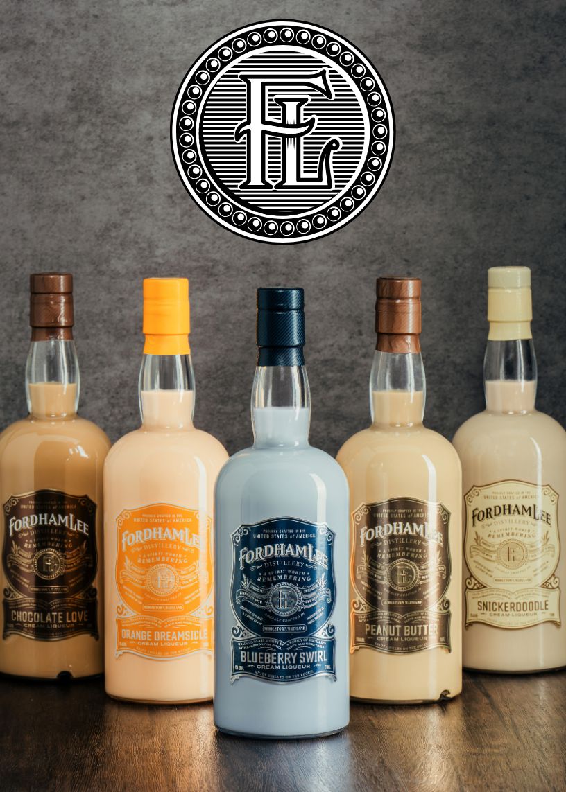 A Lineup Of Fordham Lee Distillery’s Premium Cream Liqueurs, Featuring Flavors Like Chocolate Love, Orange Dreamsicle, Blueberry Swirl, Peanut Butter, And Snickerdoodle. The Bottles Are Displayed Against A Sleek Gray Backdrop With The Fordham Lee Logo Above.