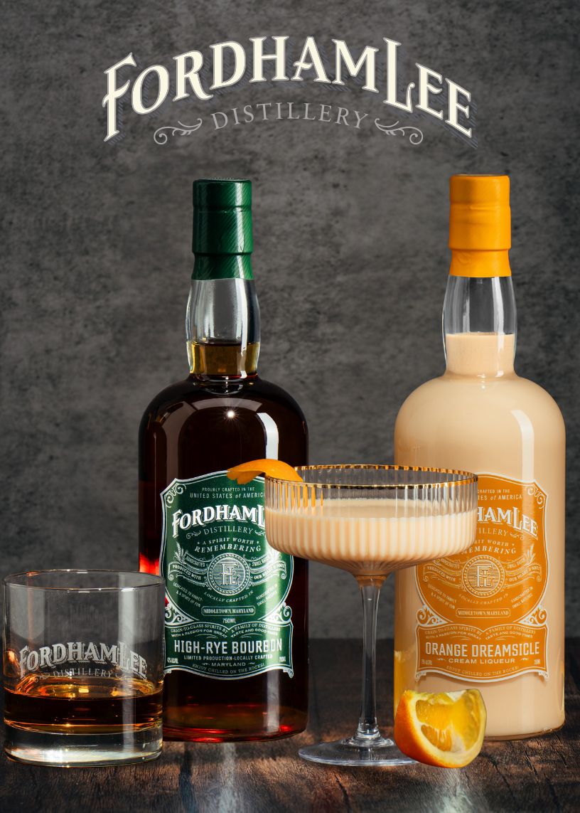 A Promotional Image Featuring Fordham Lee Distillery's High-Rye Bourbon And Orange Dreamsicle Cream Liqueur, Displayed With A Neat Pour Of Bourbon, A Crafted Cocktail Garnished With An Orange Twist, And Fresh Orange Slices. The Fordham Lee Logo Is Prominently Featured In The Background.