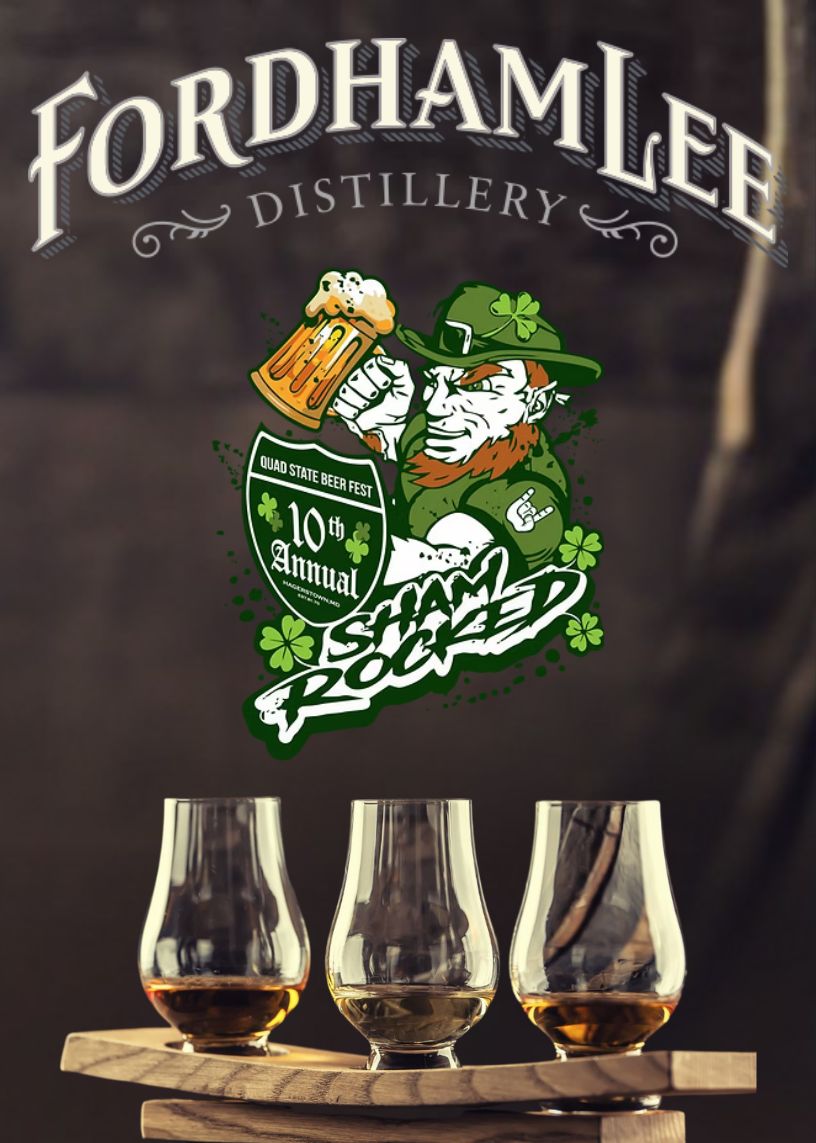 Promotional Image For Fordham Lee Distillery At The 10th Annual Quad State Beer Fest – ShamRocked. The Graphic Features A Leprechaun Holding A Beer Mug Alongside Three Whiskey Tasting Glasses On A Wooden Flight Tray. The Fordham Lee Logo Is Displayed In The Background, Emphasizing The Event's Festive St. Patrick’s Day Theme.