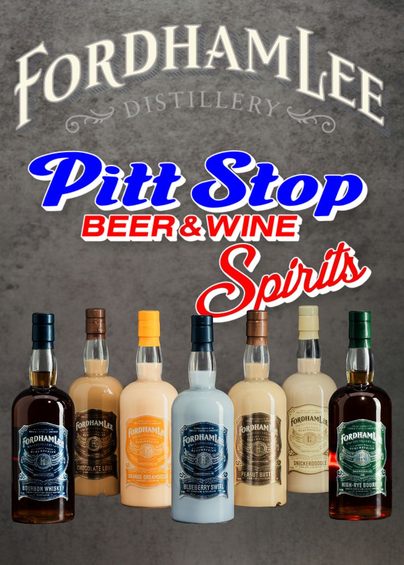 A lineup of Fordham Lee Distillery’s handcrafted bourbon and cream liqueurs displayed for an upcoming tasting event at Pitt Stop Beer, Wine & Spirits in Berlin, MD. The Pitt Stop logo is featured above the bottles, emphasizing the event location.
