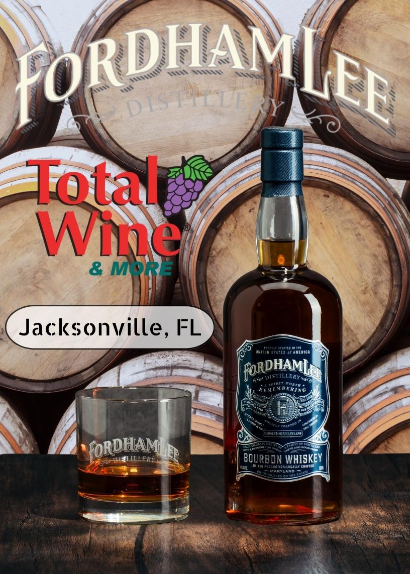 Fordham Lee Bourbon bottle and glass in front of whiskey barrels at Total Wine & More in Jacksonville, Florida, promoting a bourbon and liqueur tasting event on March 22