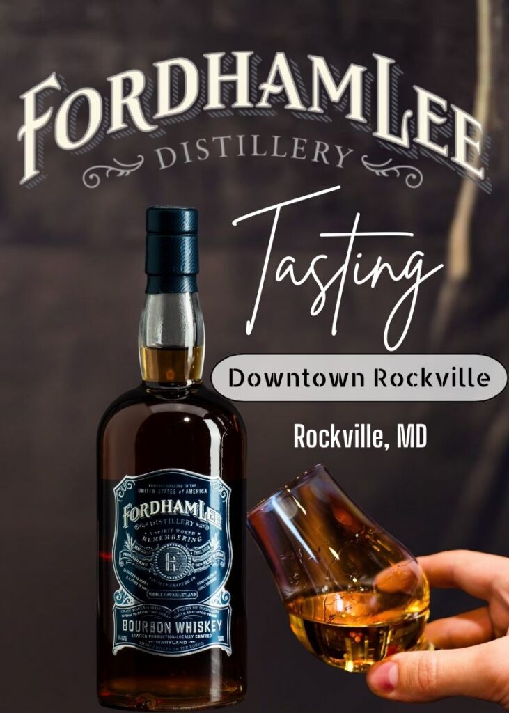 Fordham Lee bourbon tasting display at Downtown Rockville featuring signature whiskey and tasting glass