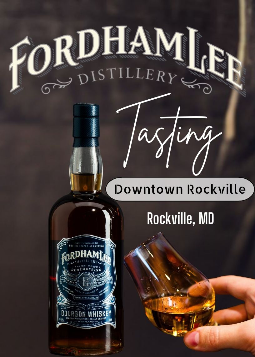 Fordham Lee bourbon tasting display at Downtown Rockville featuring signature whiskey and tasting glass