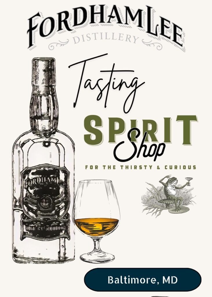 Fordham Lee Distillery tasting event at Spirit Shop Falls Road in Baltimore, Maryland featuring illustrated whiskey bottle and glass